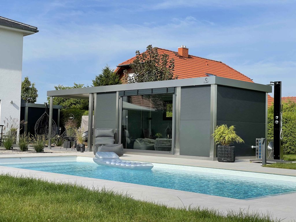 CUBEfx Gartenhaus mit Glas-Seiten und Metall-Gestell als modernes Gartenhaus
